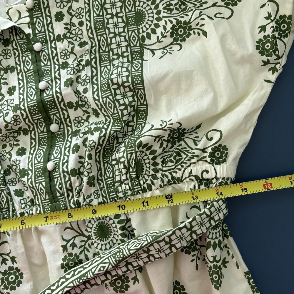 Kaktus Shirt Dress Medium Ivory Green Floral Cotton Belted Button Midi Boho Cap - Picture 11 of 11